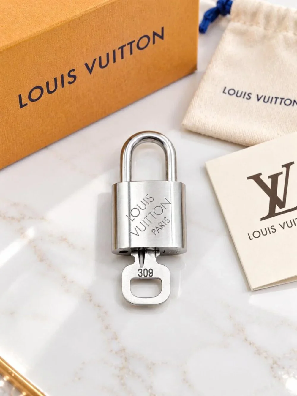 Authentic Louis Vuitton Silver Padlock & Key Set – Made in France #309